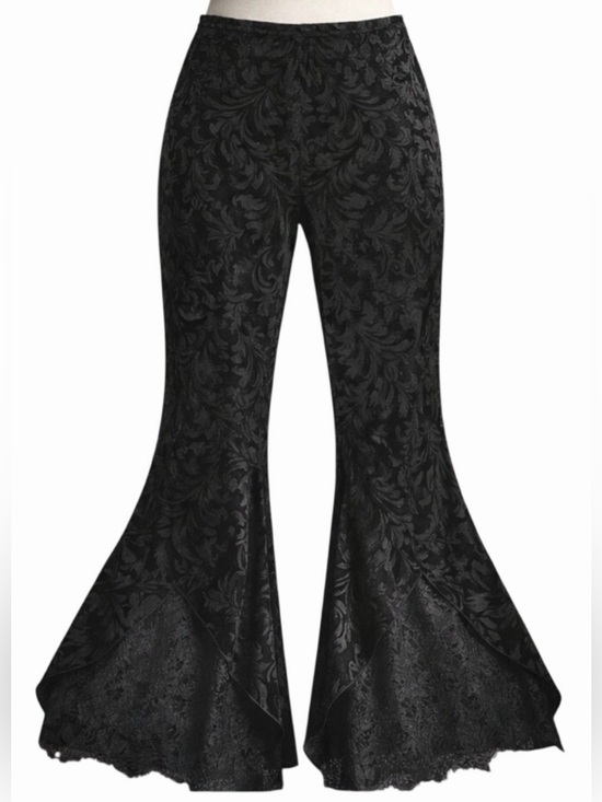 None and/or Unknown Pants - Black Velvet Damask Bell Bottom Pants Small/Medium Elastic Waist Lace Hem Boho